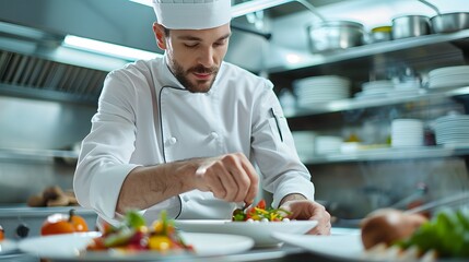A dynamic chef in a crisp white uniform skillfully preparing a gourmet dish in a state-of-the-art kitchen. for culinary school advertisements or restaurant promotions.