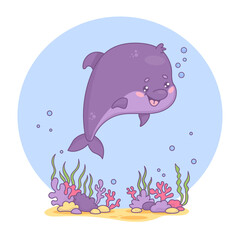 Obraz premium Cute funny dolphin. Underwater world with seaweed and cartoon kawaii character animal. Vector illustration. Kids collection
