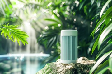 A white water filter sits on a table next to a green plant