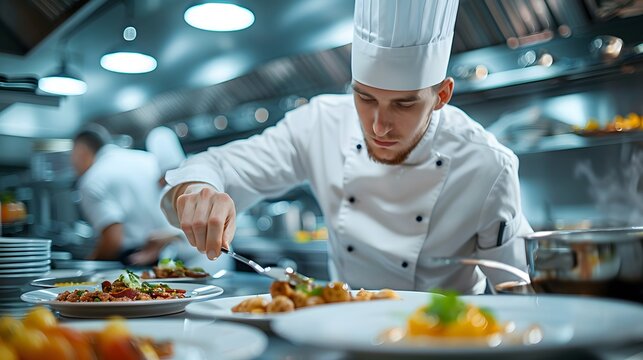 A dynamic chef in a crisp white uniform skillfully preparing a gourmet dish in a state-of-the-art kitchen. for culinary school advertisements or restaurant promotions.