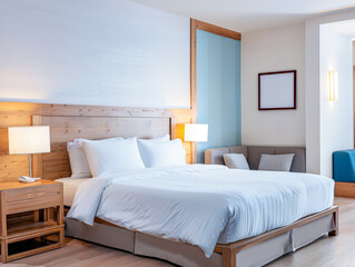 Elegant hotel room interiors with modern furniture and copyspace. Interior design composition soft tones.