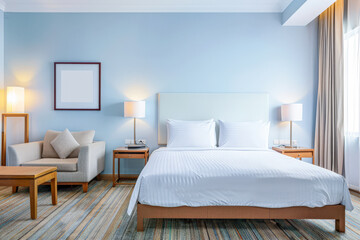 Fototapeta premium Elegant hotel room interiors with modern furniture and copyspace. Interior design composition soft tones.