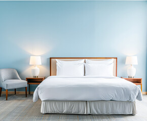 Elegant hotel room interiors with modern furniture and copyspace. Interior design composition soft tones.