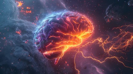 A glowing brain with light blue and purple veins connected to multiple wires that lead into the center of an orange energy source, set against deep space background.