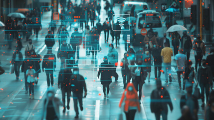 Security camera surveillance. CCTV AI facial recognition concept