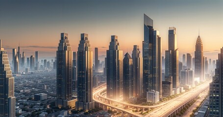 Fototapeta premium A stunning panorama of a big city at sunset, showcasing the vibrant skyline with towering skyscrapers. The setting sun casts a warm, golden glow over the city