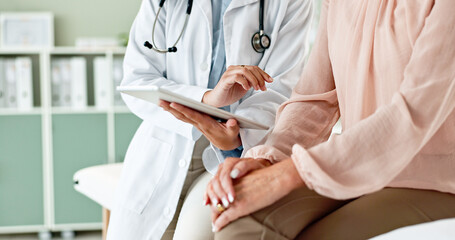 Clinic, tablet and hands of doctor with patient for consulting, medical service and help in...