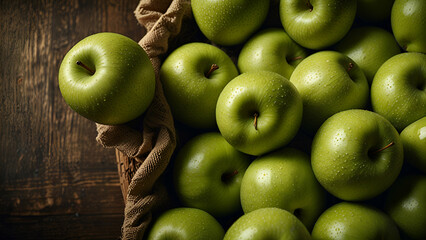 Fresh, ripe green apples from the summer harvest arranged in a creative banner, showcasing their crisp and juicy appeal.