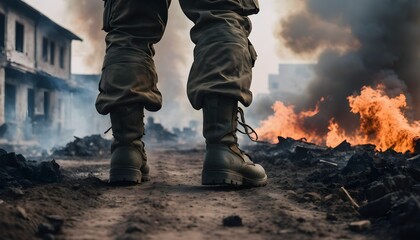 close-up of soldier's boots walking on the ground, in the background there is smoke and fire, destruction, puddles and dirt