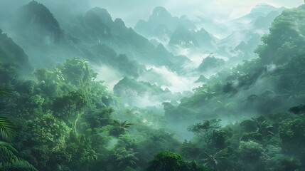 Fototapeta premium A misty mountain range shrouded in lush green rainforest, with towering trees and dense foliage, symbolizing the interconnectedness of life and technology.