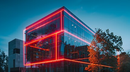 Obraz premium A modern office building with glass windows and a blue sky background.
