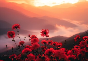 Fototapeta premium Red chrysanthemums in the foreground, mountains and foggy valley behind, sunrise, golden sky, cinematic photography