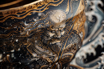 Clash of Cultures: Norse Warrior Holding Traditional Japanese Chawan in Powerful Landscape