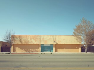 A cinematic photograph of a store in the light of day, in a minimalist style.