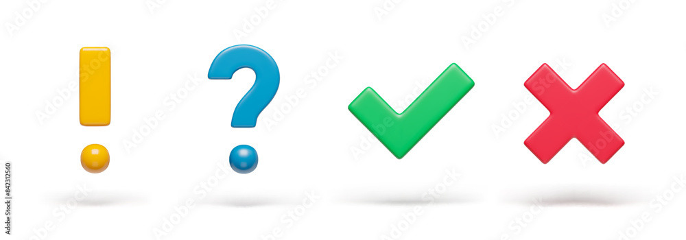 Fototapete Right, wrong and exclamation, question check marks on white set. Acceptance, rejection, interrogation and attention signs three-dimensional rendering vector illustration