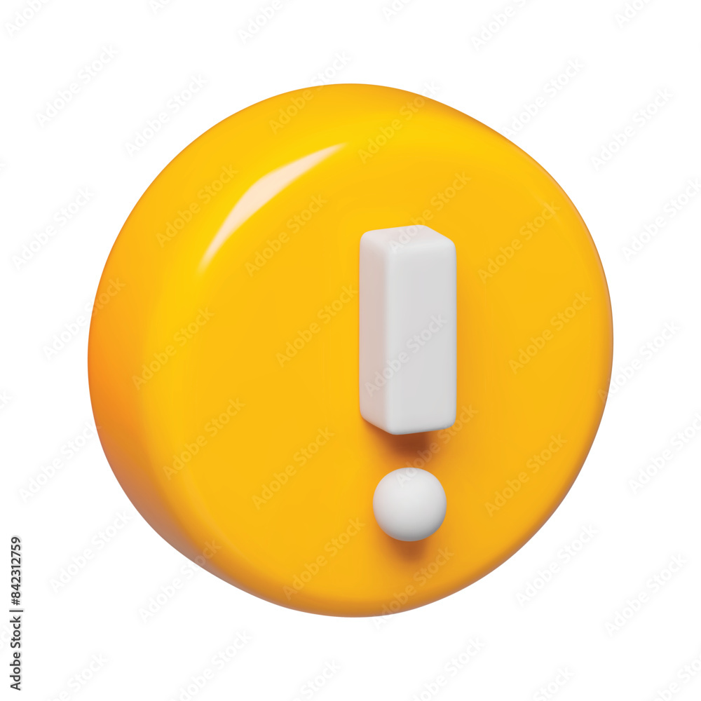 Poster yellow round button with exclamation point 3d icon. warning, attention, secure signal caution or err