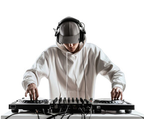 a young man in a white hoodie and grey cap, with headphones on his head playing music from the DJ console against a clean white background.