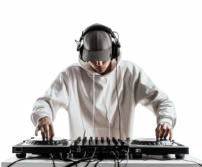 a young man in a white hoodie and grey cap, with headphones on his head playing music from the DJ console against a clean white background.
