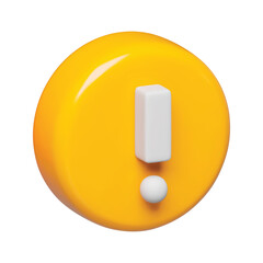 Yellow round button with exclamation point 3d icon. Warning, attention, secure signal caution or error mark realistic symbol three-dimensional rendering vector illustration