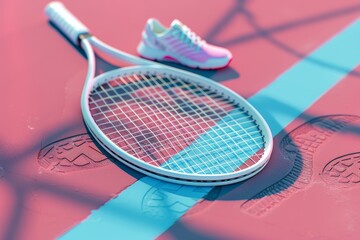 tennis racket and a pair of pink tennis shoes are on a tennis court