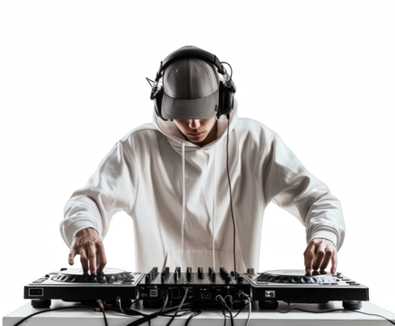 a young man in a white hoodie and grey cap, with headphones on his head playing music from the DJ console against a clean white background.