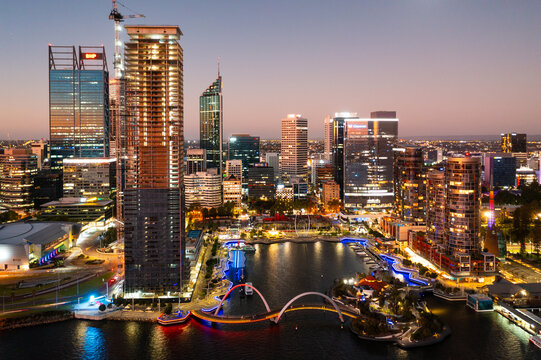 Aerial view of Elizabeth Quay and downtown skyline at dusk, Perth, Western Australia, Australia