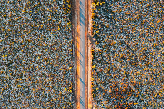 Aerial drone view of road in the outback, Kalbarri, Western Australia