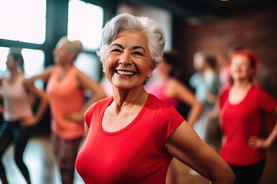 A mature, active, gray-haired woman dancing during group dance classes practices an energetic dance, focusing on the woman.