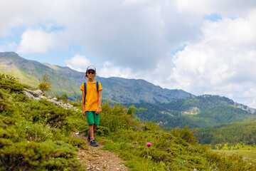 Fototapeta premium boy with a backpack walks through a mountain meadow during the summer holidays. trekking and hiking.