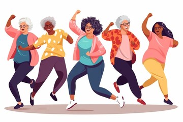 A mature, active, gray-haired woman dancing during group dance classes practices an energetic...