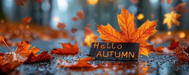Hello Autumn banner with falling leaves. Vibrant autumn foliage in the background. Seasonal greeting welcoming fall.