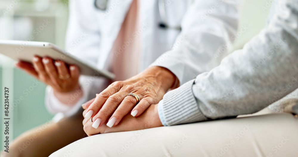 Poster Doctor, patient and holding hands with tablet in consultation with support, empathy and announcement. Medic, person and touchscreen with comfort, diagnosis or app with healthcare service at hospital