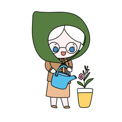 A woman is watering a plant with a blue watering can