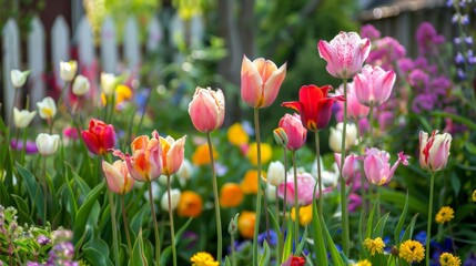 Lush spring garden brimming with colorful tulips and soft pastel blossoms in full bloom