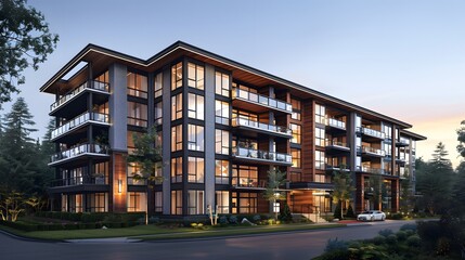 A rendering of an apartment building in the style of a comfortable and inviting style, with large balconies that have glass railings.