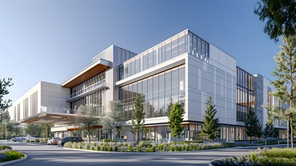 Obraz premium A rendering of the hospital building with modern design elements, white and gray color scheme, large glass windows for natural light, exterior shot with trees in front, and parking lot visible on one 