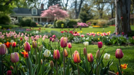 Lush spring garden brimming with colorful tulips and soft pastel blossoms in full bloom