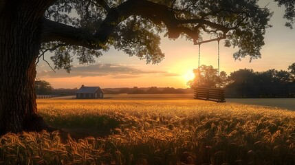 Fototapeta premium A tranquil rural landscape at golden hour, where the setting sun casts a warm glow over an expansive field of ripening wheat. idyllic charm that invokes feelings of serenity and nostalgia.