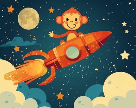Vector of a cheerful monkey waving from a rocket h 1 3