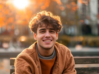 Smiling young man in a brown jacket sitting outdoors in autumn. Generative AI.