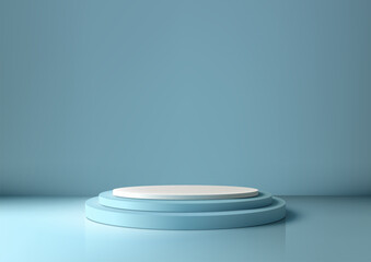 3D blue podium stair with a light shines on it, against a blue wall background, Minimal style