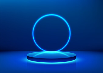 3D blue podium with neon light circle glows behind a podium in a dark room, technology concept