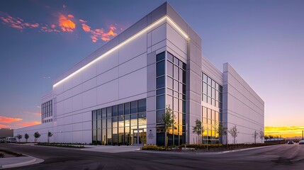 Obraz premium A wide-angle photo of an industrial building with white walls and glass windows, illuminated by the setting sun in summer.