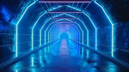 Fototapeta premium Abstract blue glowing light road lines background with neon laser beams, in the style of night club stage concept.