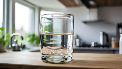 The kitchen has a glass of water in it.