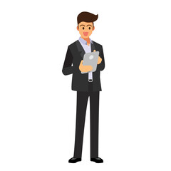 Businessman holding tablet. cartoon character