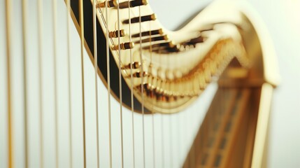 Close-up of golden harp strings isolated on white background