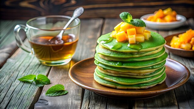 A Stack Of Matcha Pancakes Topped With Fresh Peaches And Drizzled With Honey.