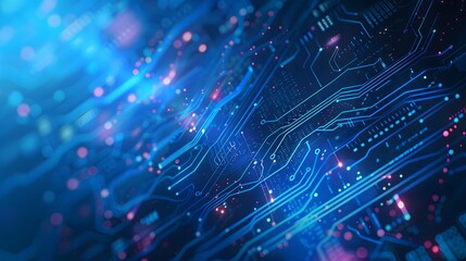 Obraz premium blue digital technology background with a circuit board and data flow diagonally arranged on the right side of an illustration, with high resolution and highly detailed style.