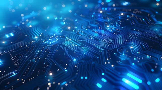 blue digital technology background with a circuit board and data flow diagonally arranged on the right side of an illustration, with high resolution and highly detailed style.